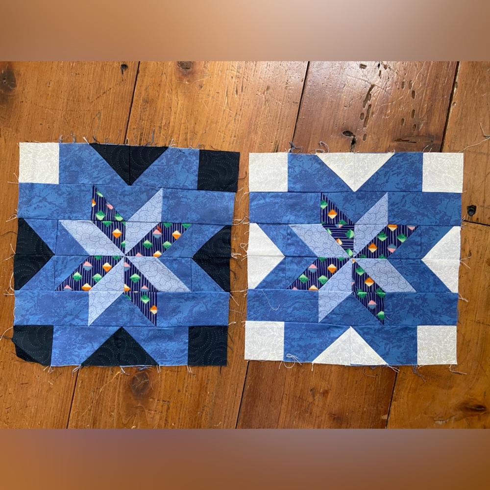 Hunters Star Quilt 2 finished Blocks in shades of Blue Handstitched Handmade